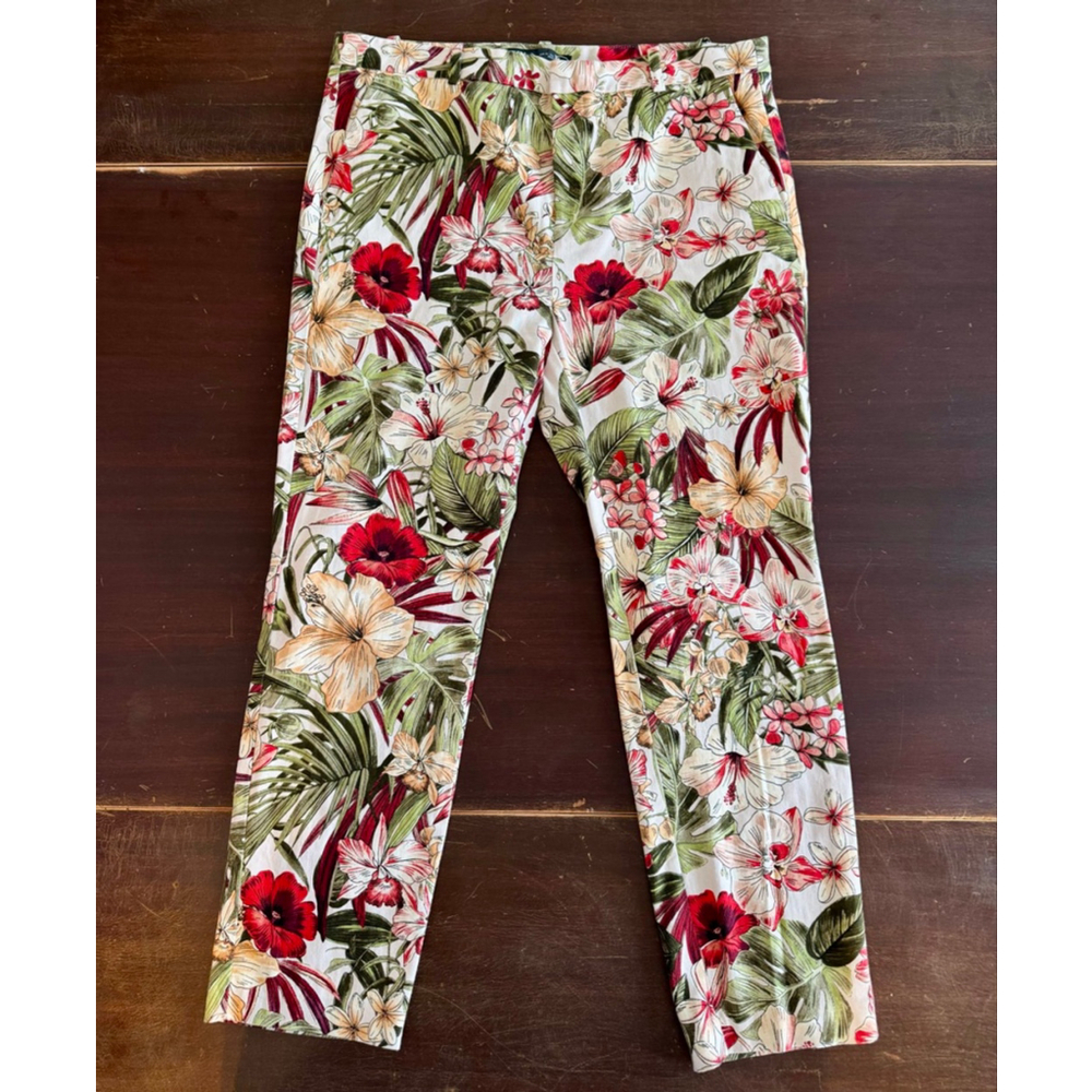 Zara Floral Tropical Print Trousers in White, Red & Green